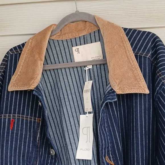 Anthropologie Pilcro Navy Striped Utility Jacket, Cotton and Elastane/Pockets